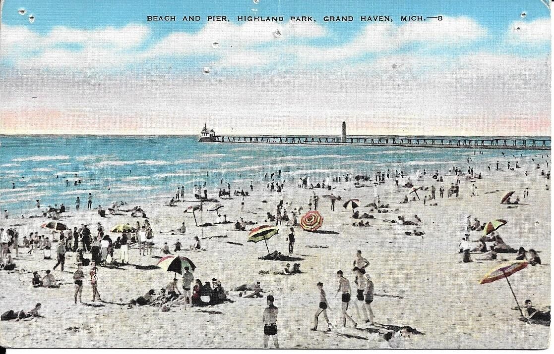 Grand Haven, Michigan Beach & Pier Bathing Scene Posted Linen Postcard.