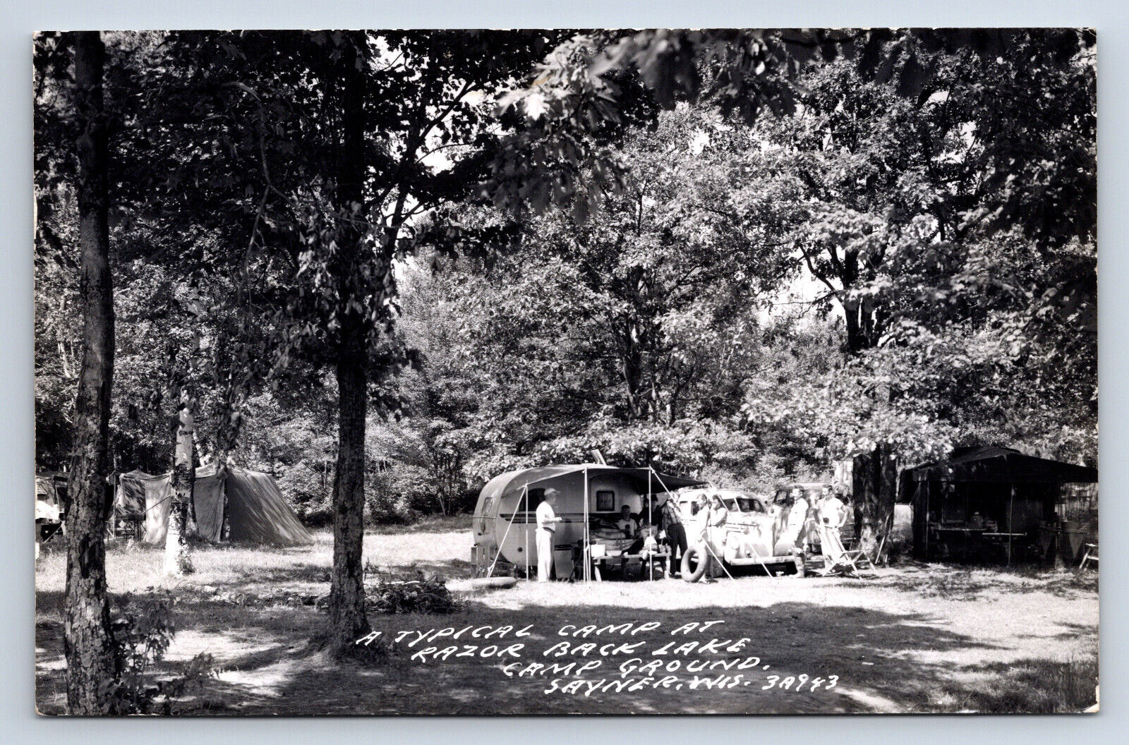 Vintage RPPC Sayner WI Razor Back Lake Campground Camper Tent Old Car O25