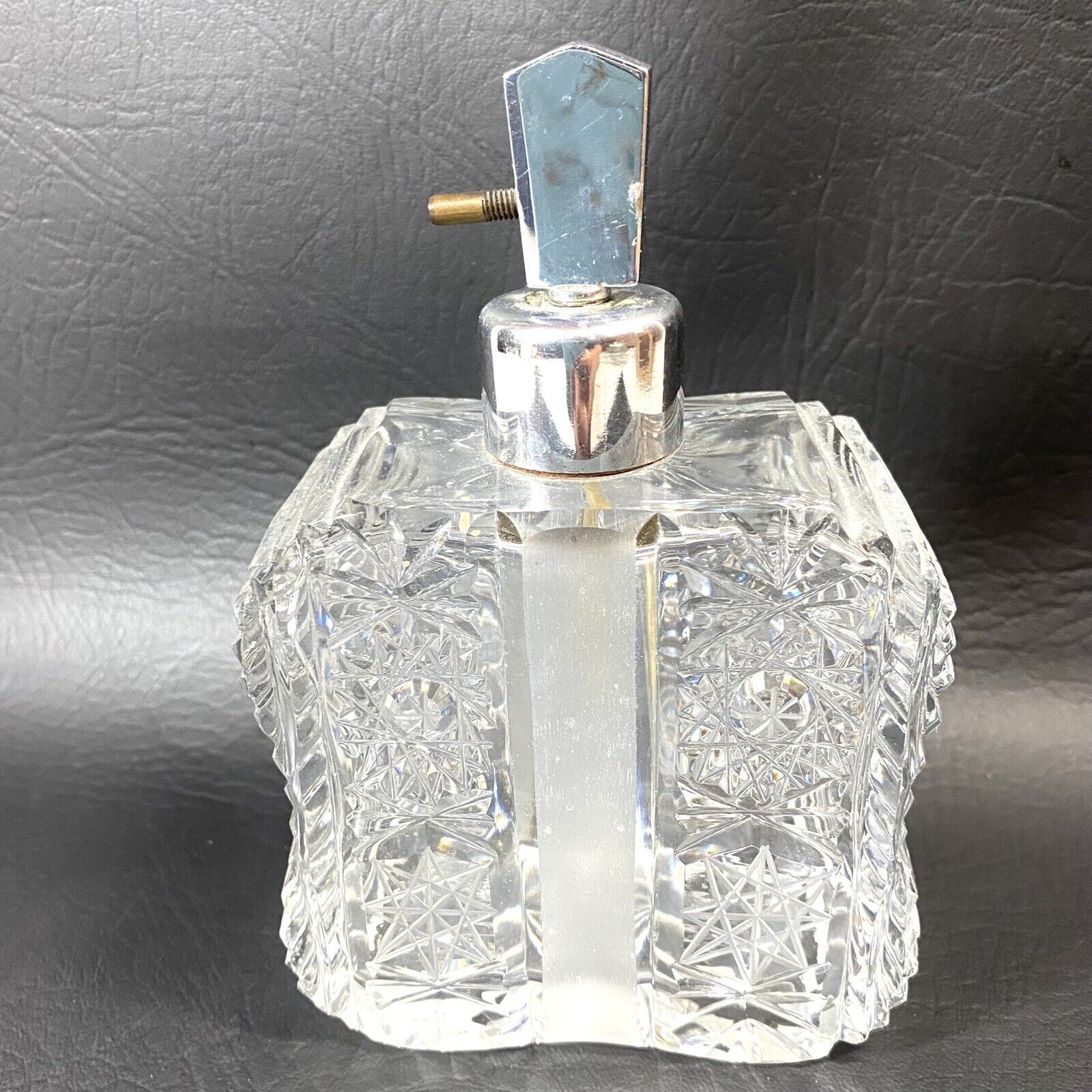 1930s Vintage Thick Brilliant Cut Crystal Perfume Bottle Silver Cap Atomizer HTF