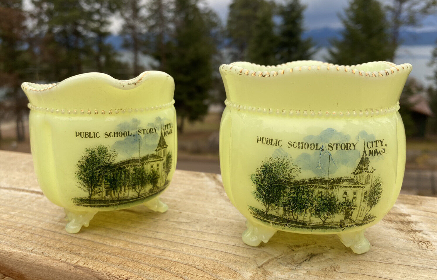 Story City Iowa Public School Antique 1900s Custard Uranium Glass Cream & Sugar