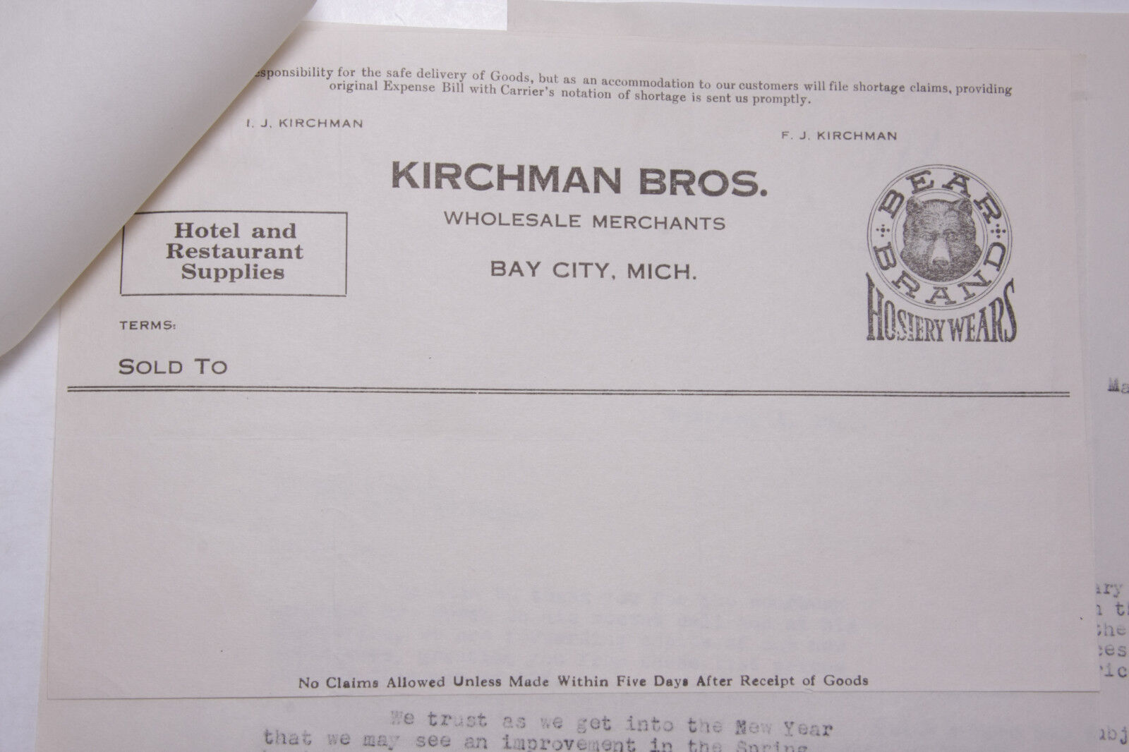 1932 Lamson Goodnow Kirchman Bros Bay City MI Bear Brand Hosiery Ephemera P026G