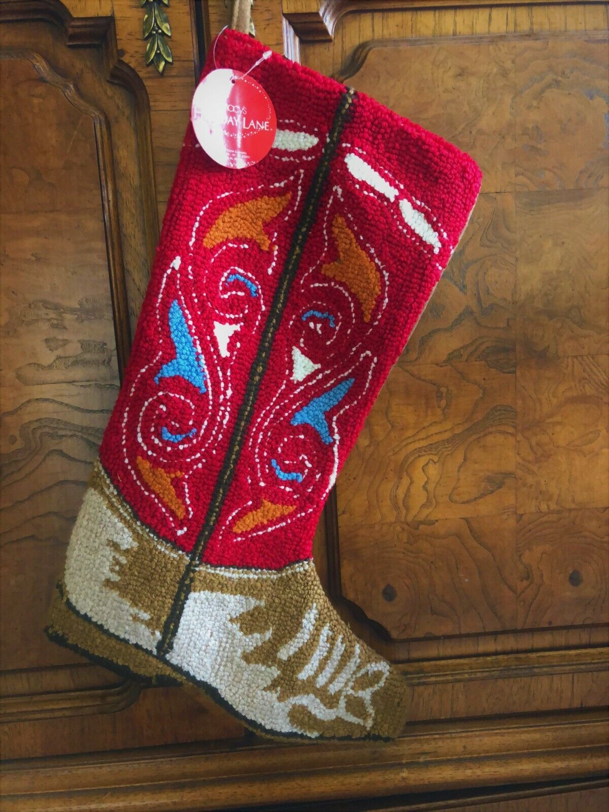 Macy's Holiday Lane Collection Hook Rug Cowboy Boot Western Christmas Stocking
