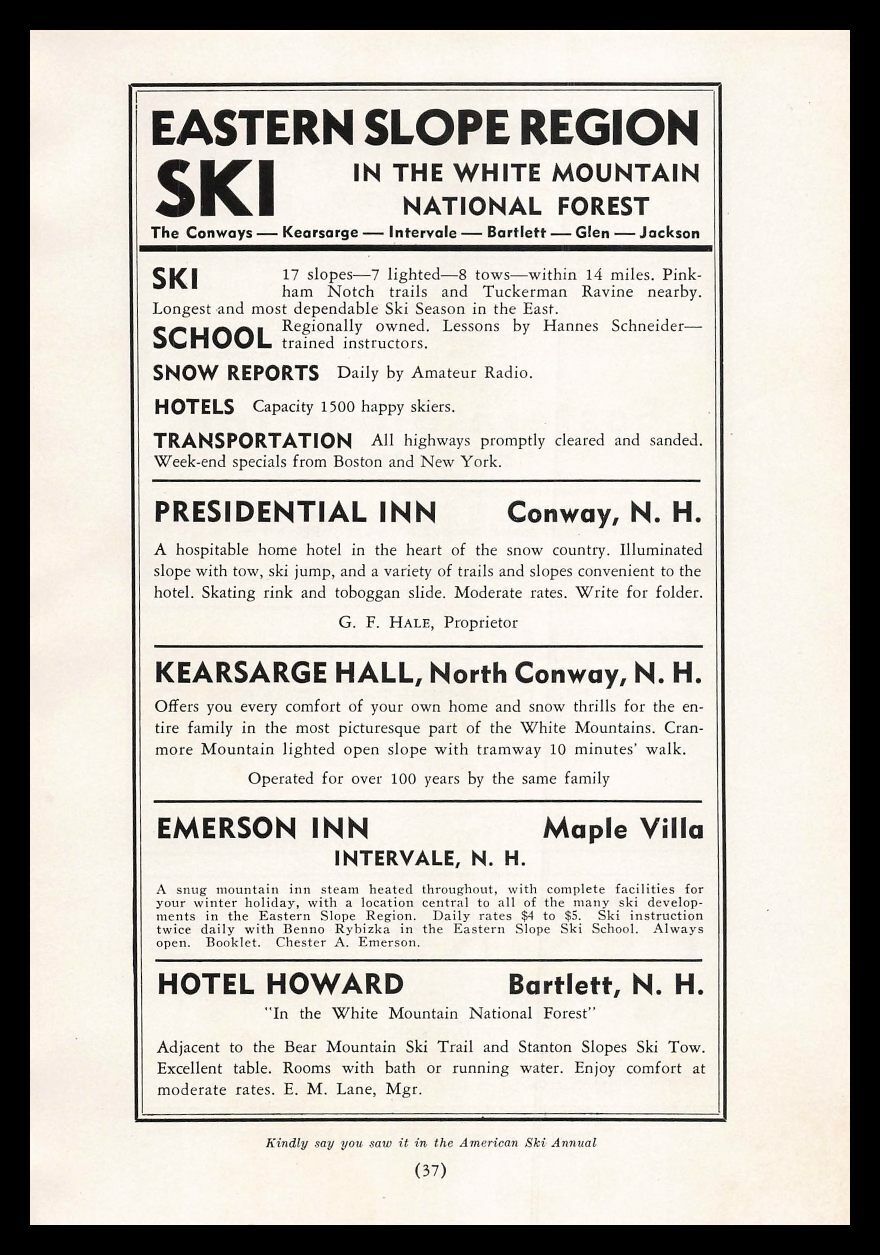 1938 Emerson Inn Maple Villa Intervale New Hampshire Eastern Slope Ski Print Ad