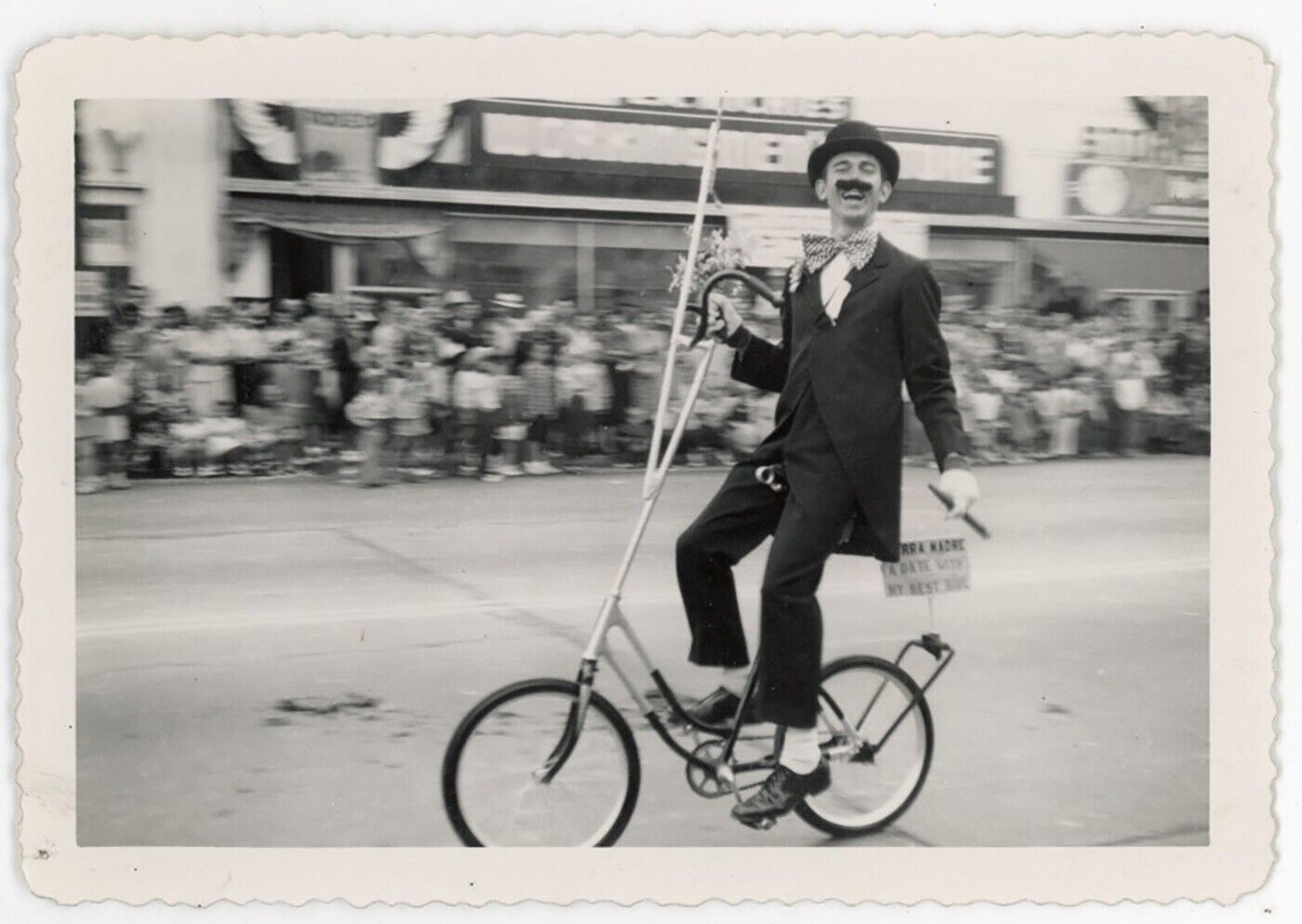 1950s deckle edged vintage photo GROUCHO MARX clown bicycle PARADE funny motion