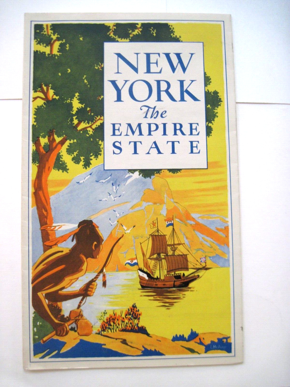 Large Bright Yellow 1932 Map of New York w/ Mohawk On The Cover *