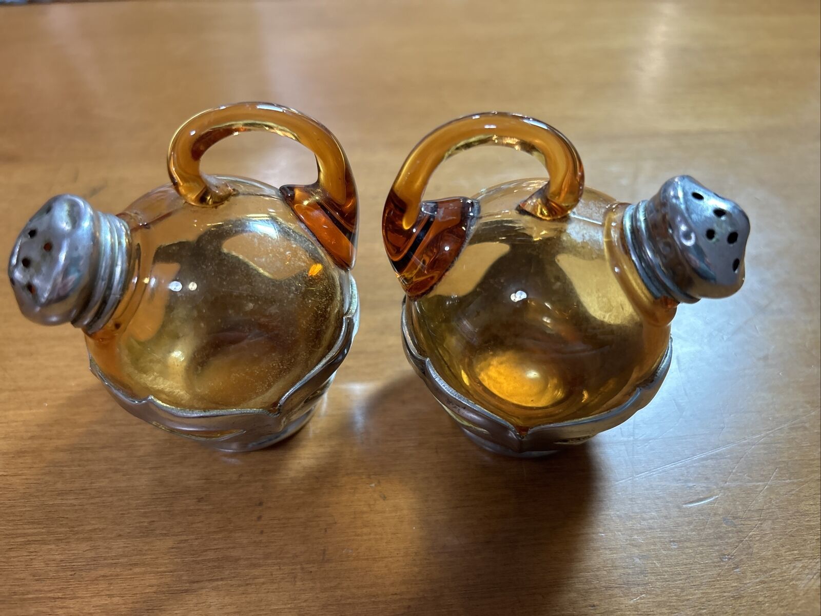 VINTAGE FARBER BROS. AMBER GLASS AND CHROME SALT & PEPPER SHAKERS
