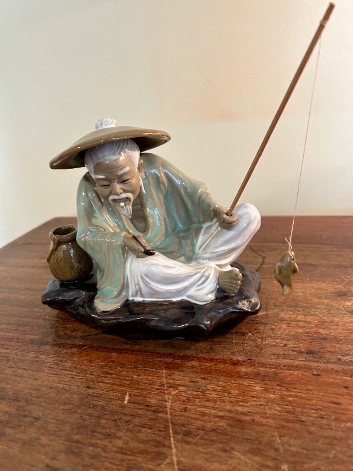 Vintage Chinese Mudmen Figure Seated Fisherman w pole, fish 6” tall detailed 