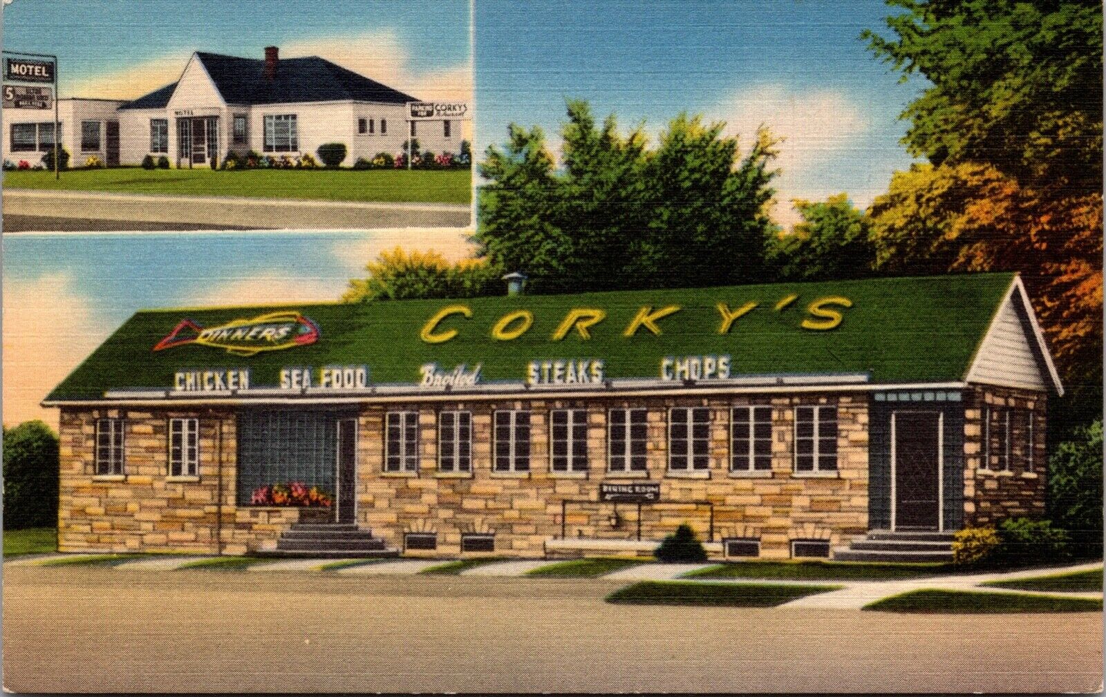 Linen Postcard Corky\'s Restaurant and Motel in Huron, Ohio~137823