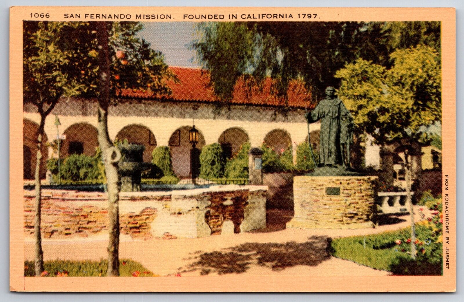 California~San Fernando Mission Garden Fountain & Statue~Vintage Linen Postcard