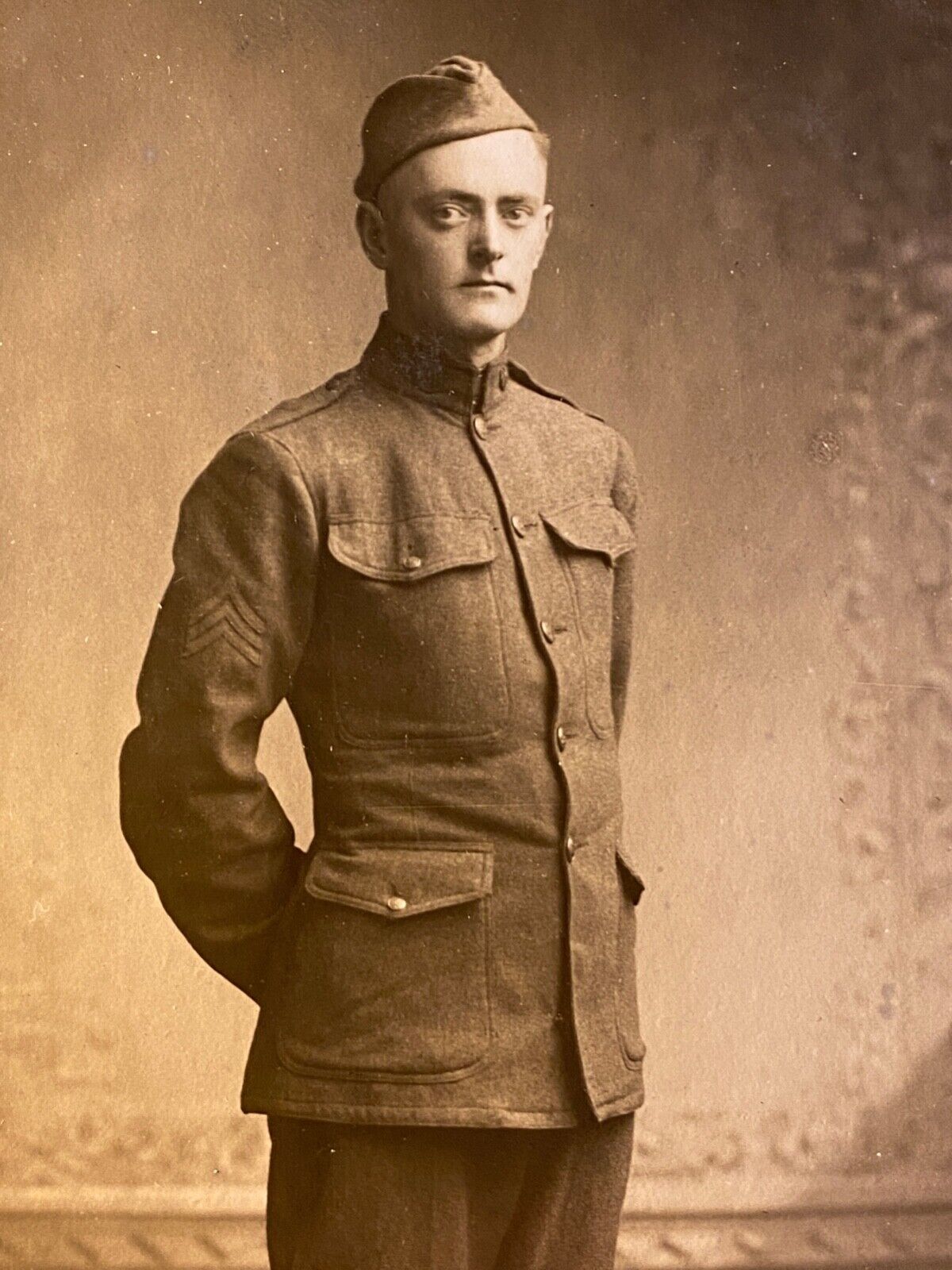 1918 WWI RPPC: U.S. SOLDIER IN UNIFORM antique real photo postcard VERSION NO. 1