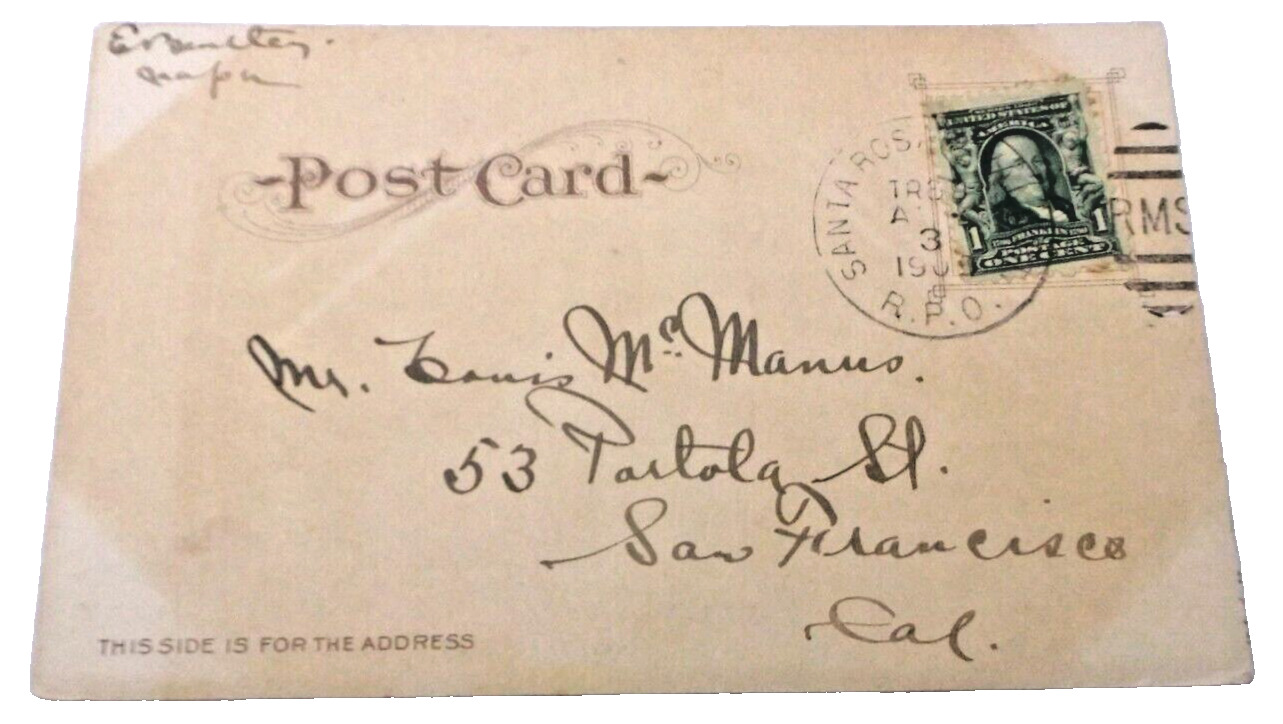 1909 SOUTHERN PACIFIC SANTA ROSA & VALLEJO JCT. TRAIN #69  RPO HANDLED POST CARD