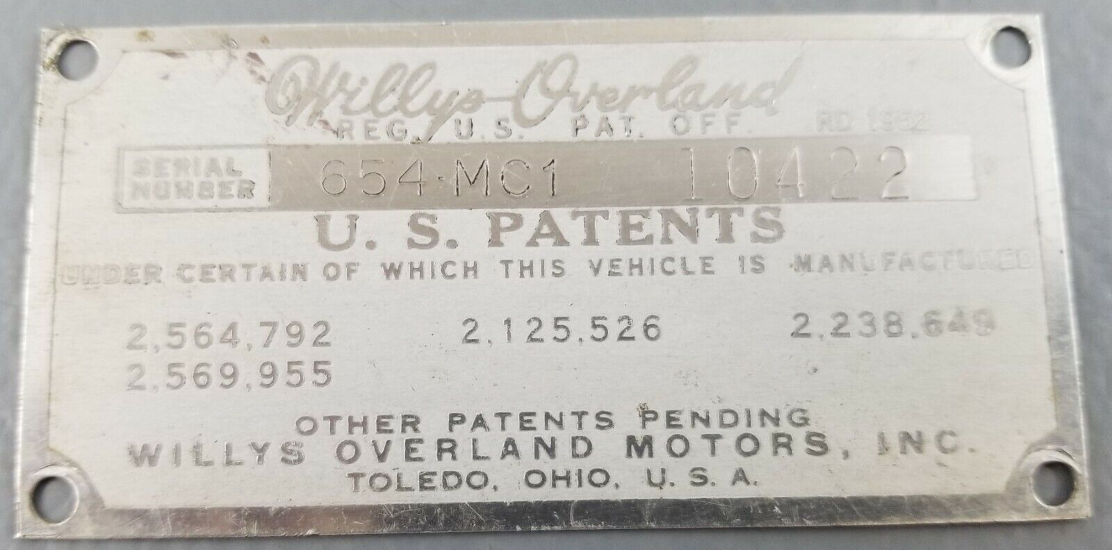 1954 WILLYS OVERLAND EAGLE DELUXE BODY DATA PLATE TAG Original Ser# 654MC1 10422