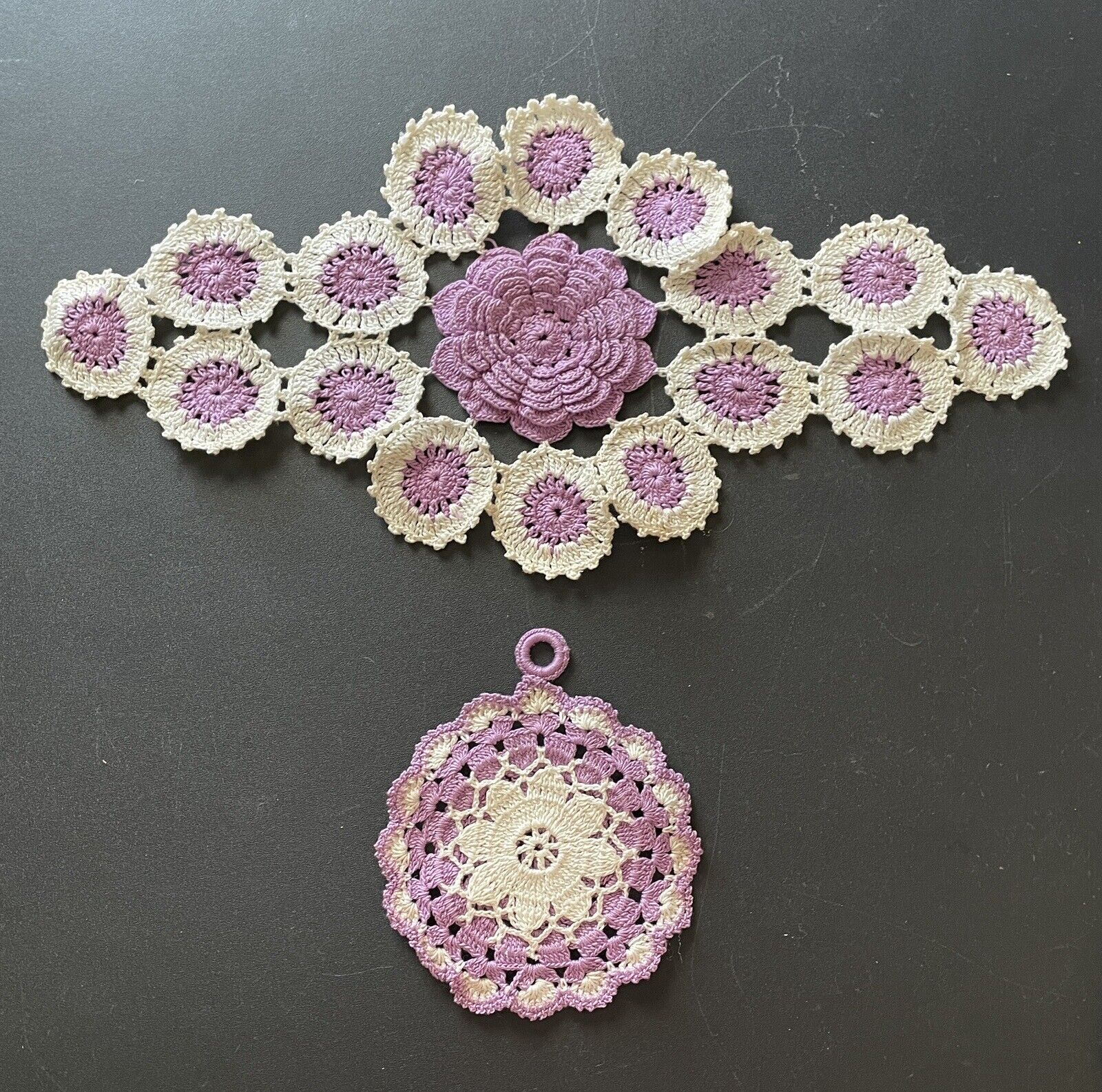 Vintage Lot of 2 Purple White Handmade Crochet 17” Doily Pot Holder Centerpiece