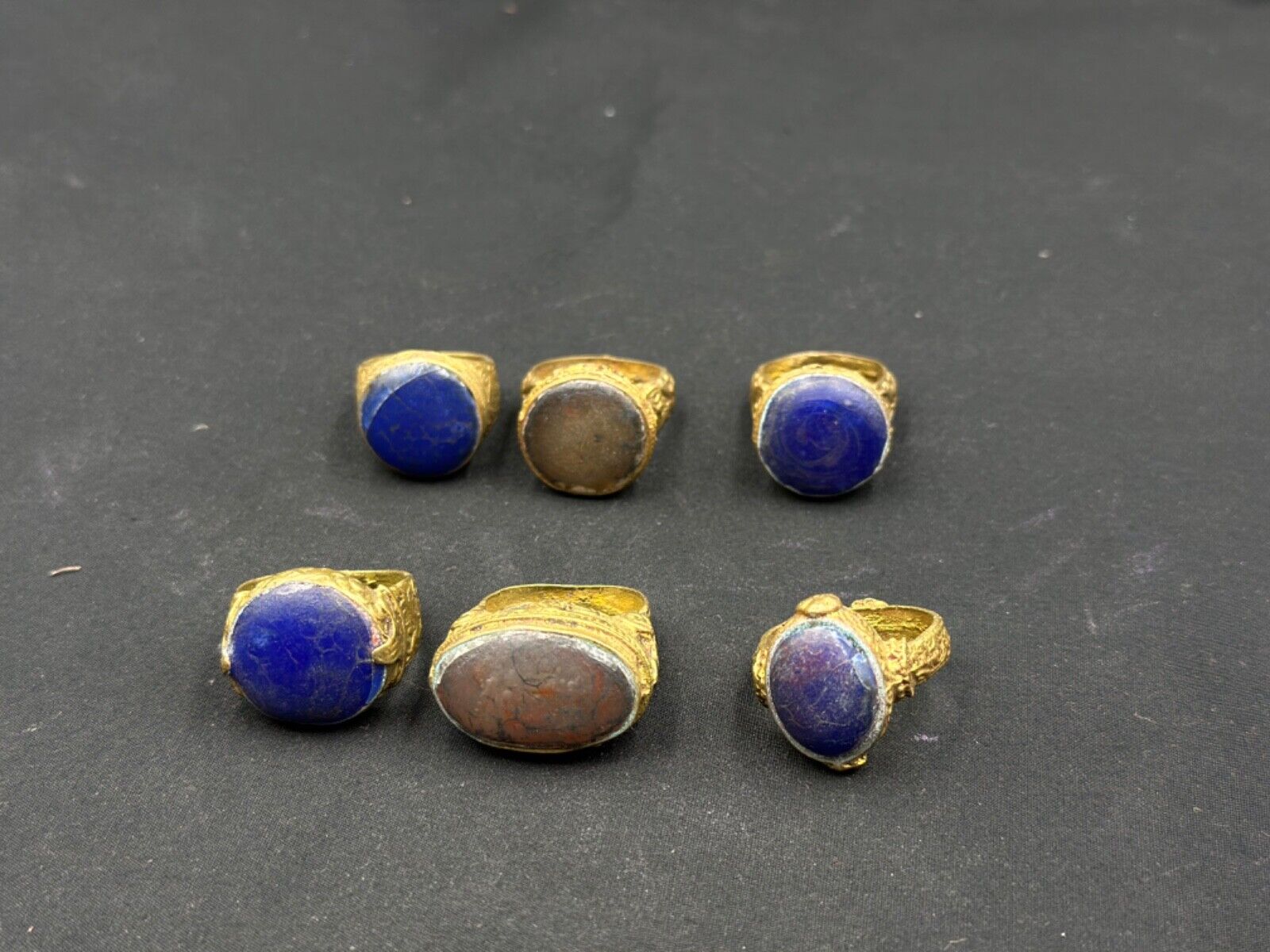 Antique handmade old brass with natural lapis and agate stone rare peace 5 peace