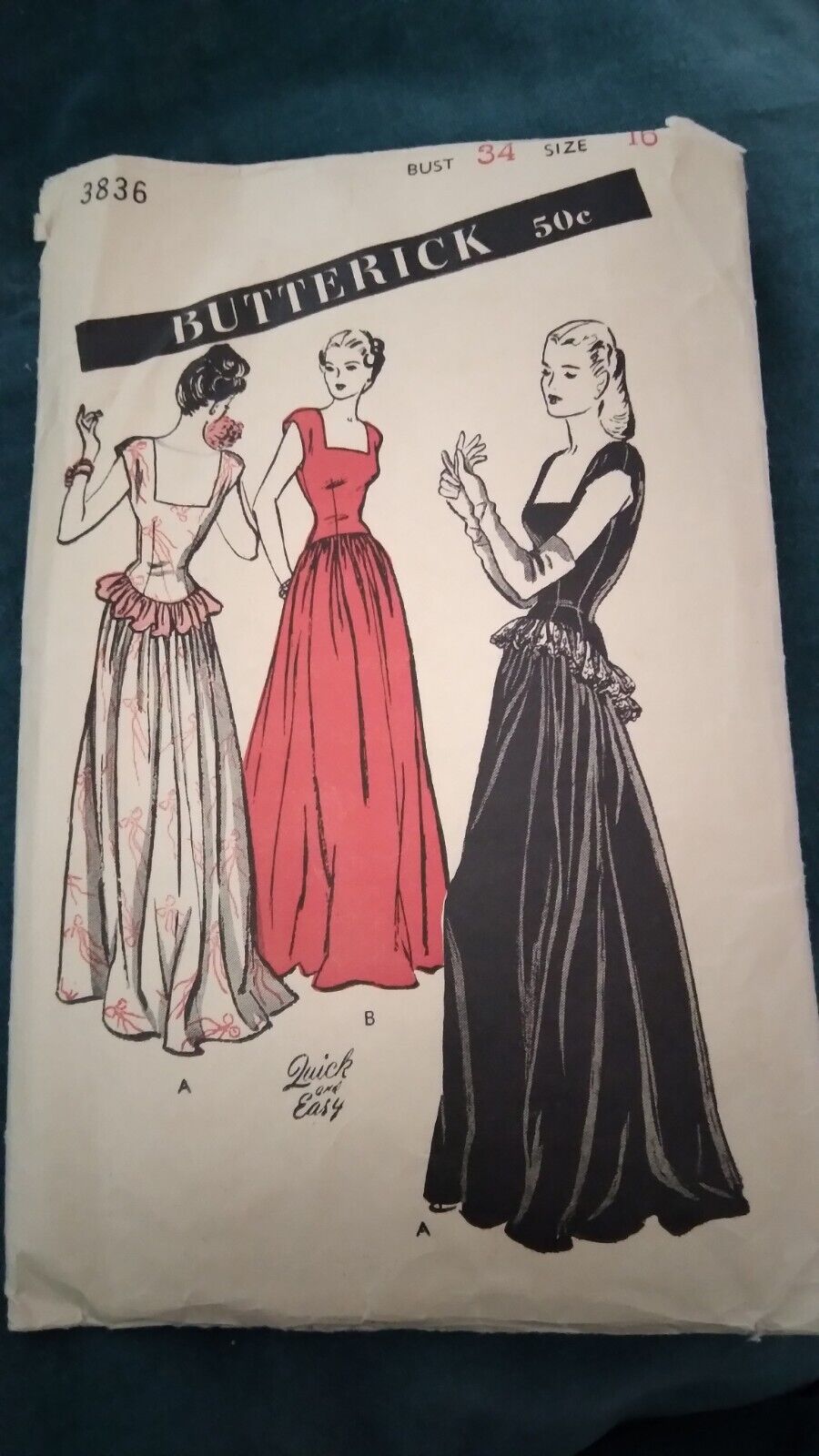 Vintage Butterick Exquisite Late 1940s Evening Dress Pattern 3836 Bust 34