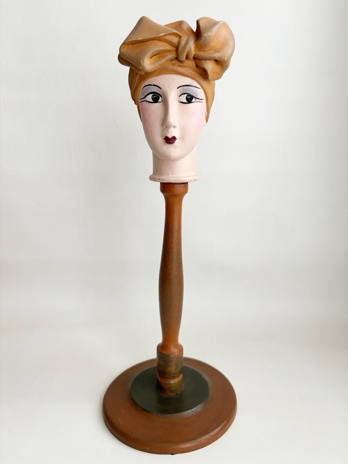 Antique Boudoir Doll Head Hat Stand 1920s Turban Hat Composition Wood Vanity VTG