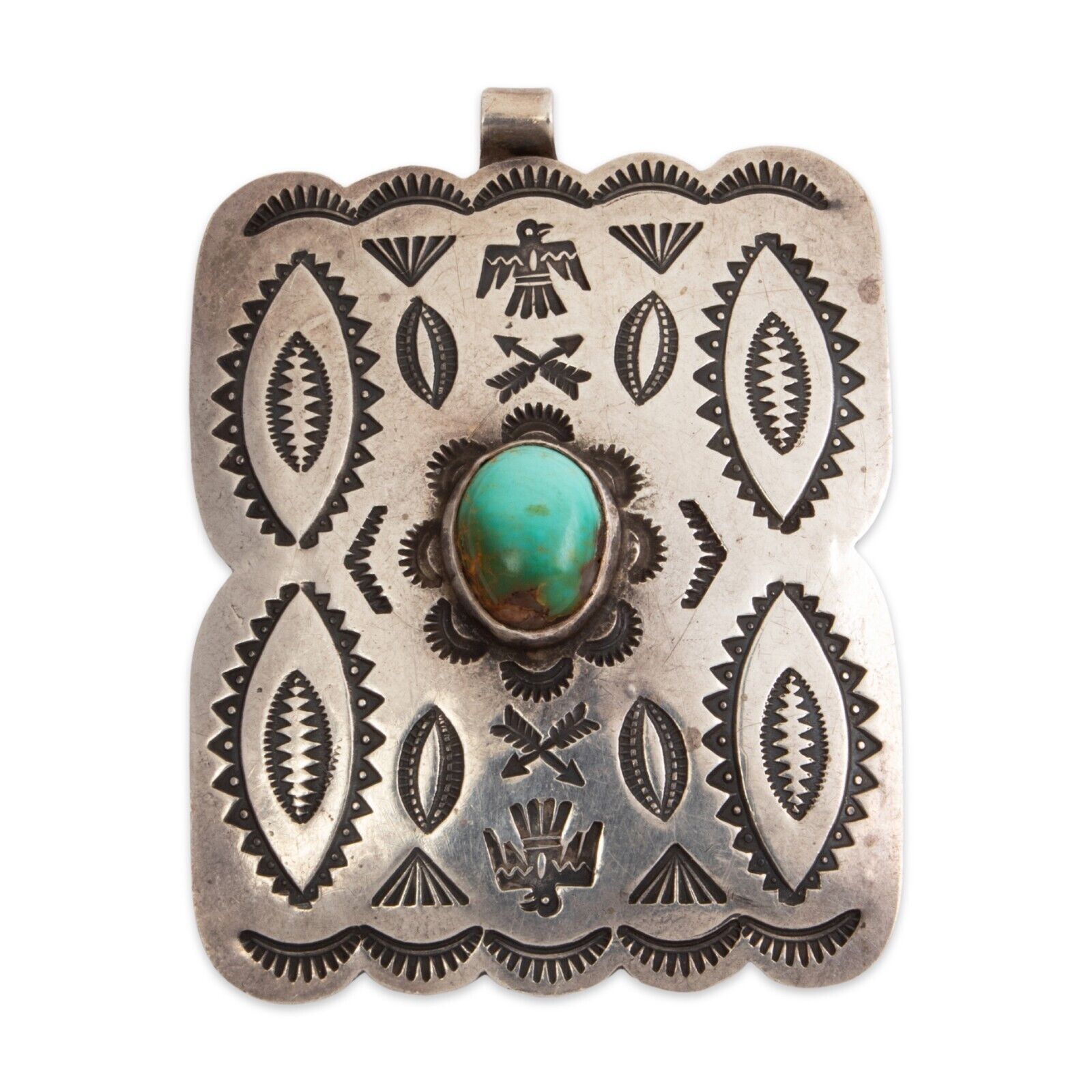 LARGE NATIVE AMERICAN STERLING SILVER TURQUOISE THUNDERBIRDS & STAMPS PENDANT