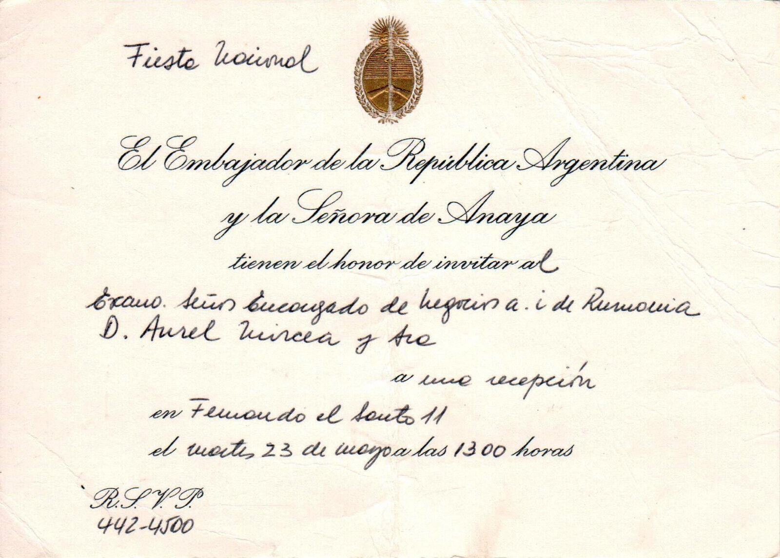 Spain, 1970's, Vintage Reception Invitation - Embassy of Argentina