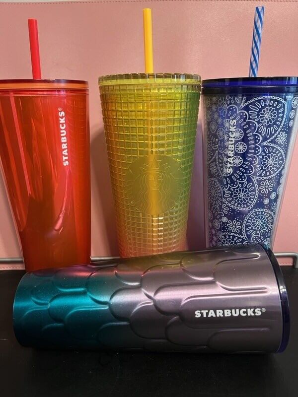 Lot of 4 Starbucks Cold Cups Venti 24oz - Ombré Scales & Grid, Metallic, Floral