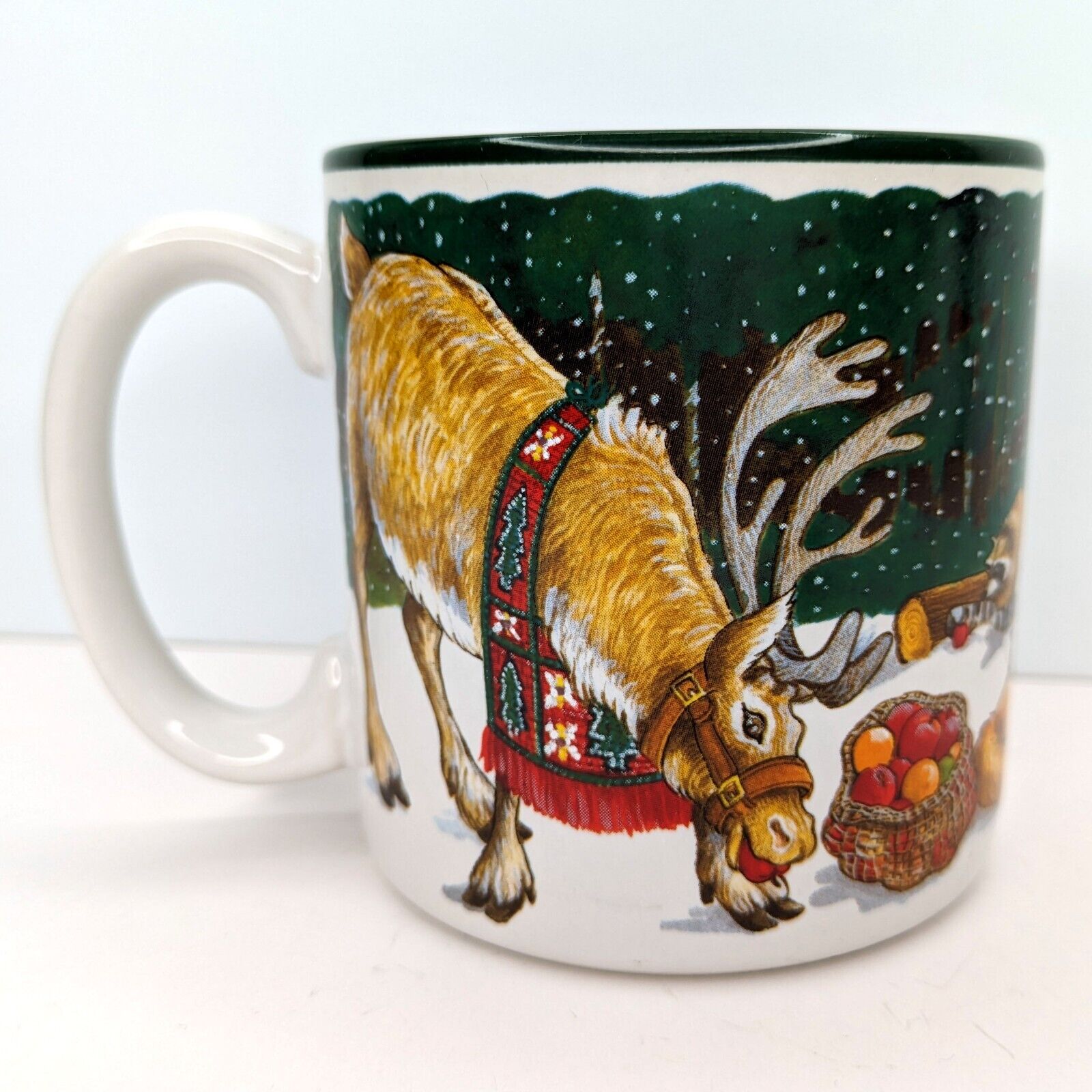 Vintage Nordic Christmas Santa & Reindeer w/ Woodland Animals Mug | 1996 KOREA