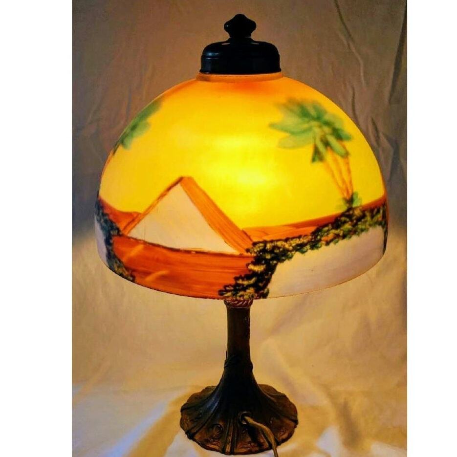 Rare Vintage Reverse Scenic Egyptian Style Painting on Glass Desk Lamp.