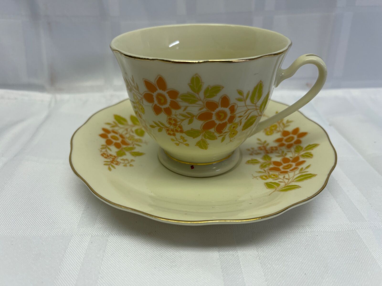 Budlet Teacup Saucer Set Vintage Bone China Pale yellow with Orange and Green fl
