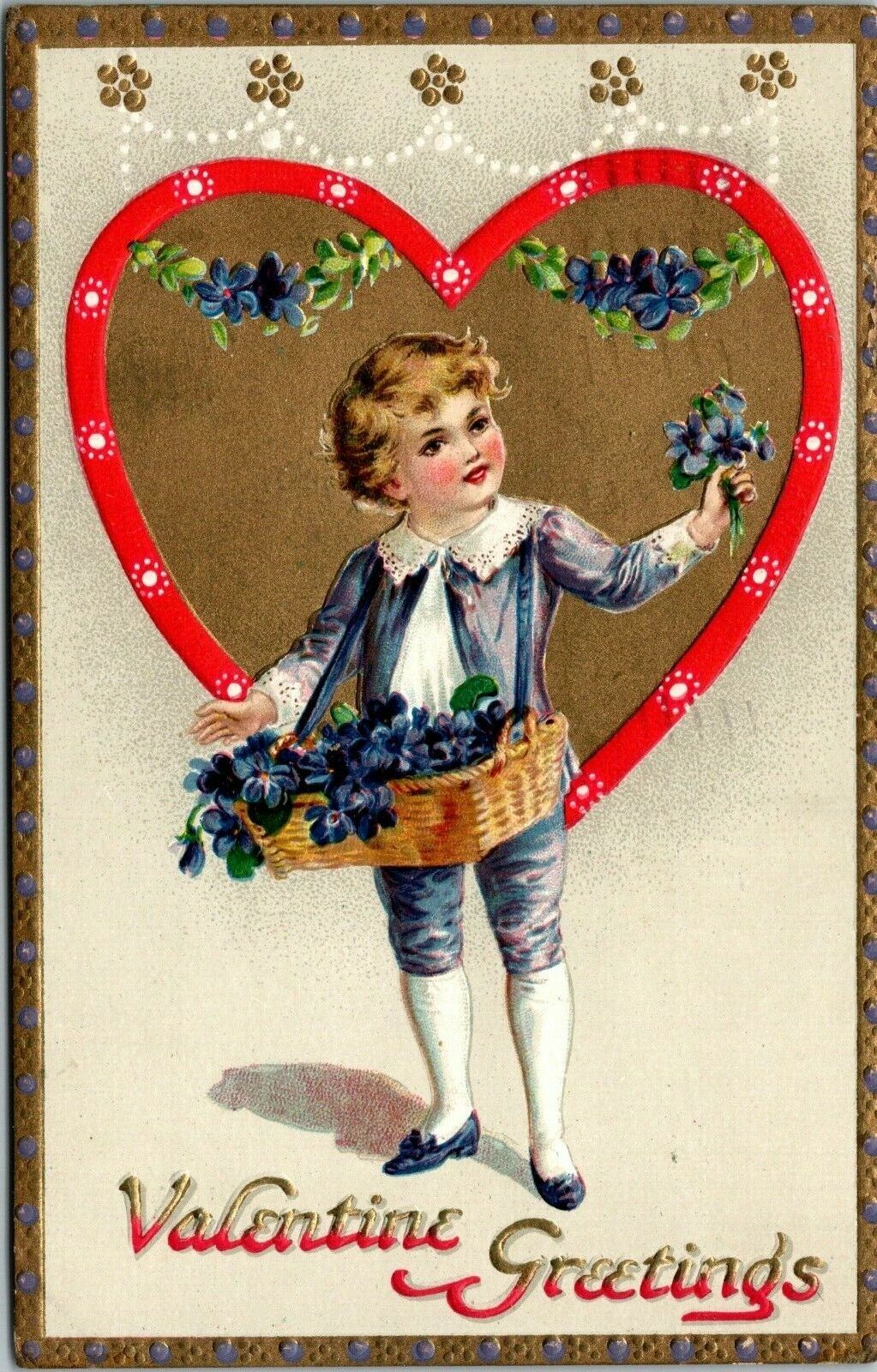 Vtg Floral Missives Valentine Greetings Boy Violets Gold Gilt Tucks Postcard