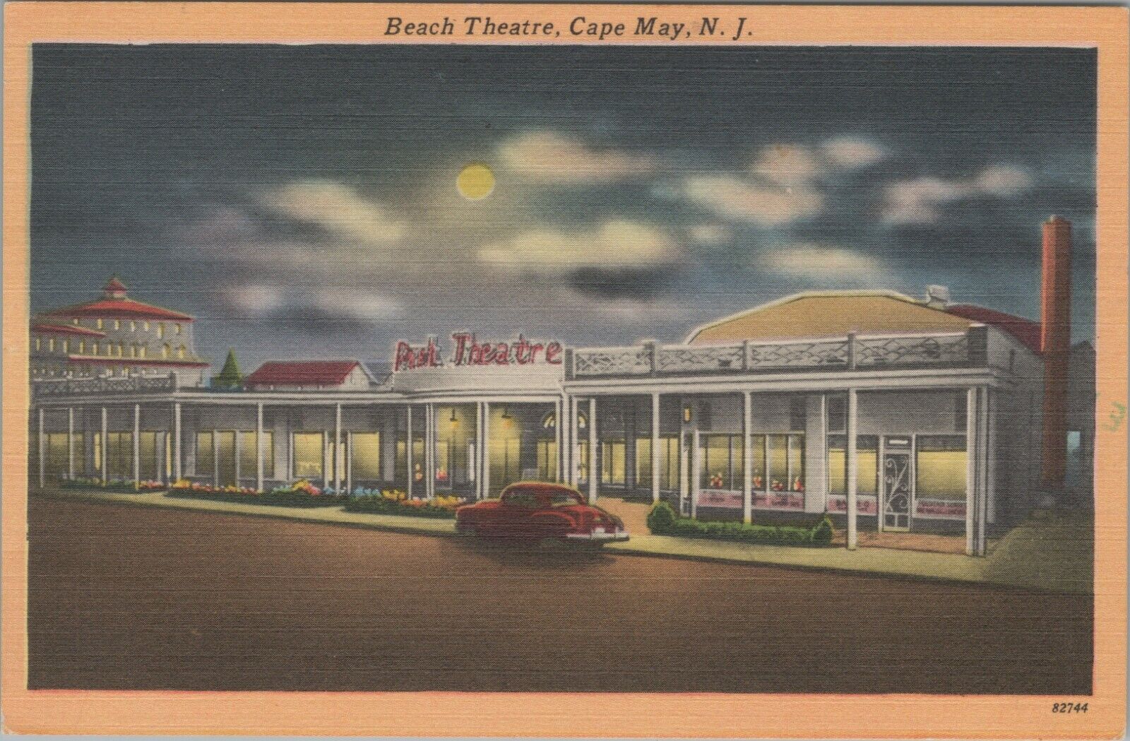 Beach Theatre Cape May NJ Theater New Jersey night 1940s linen postcard F984