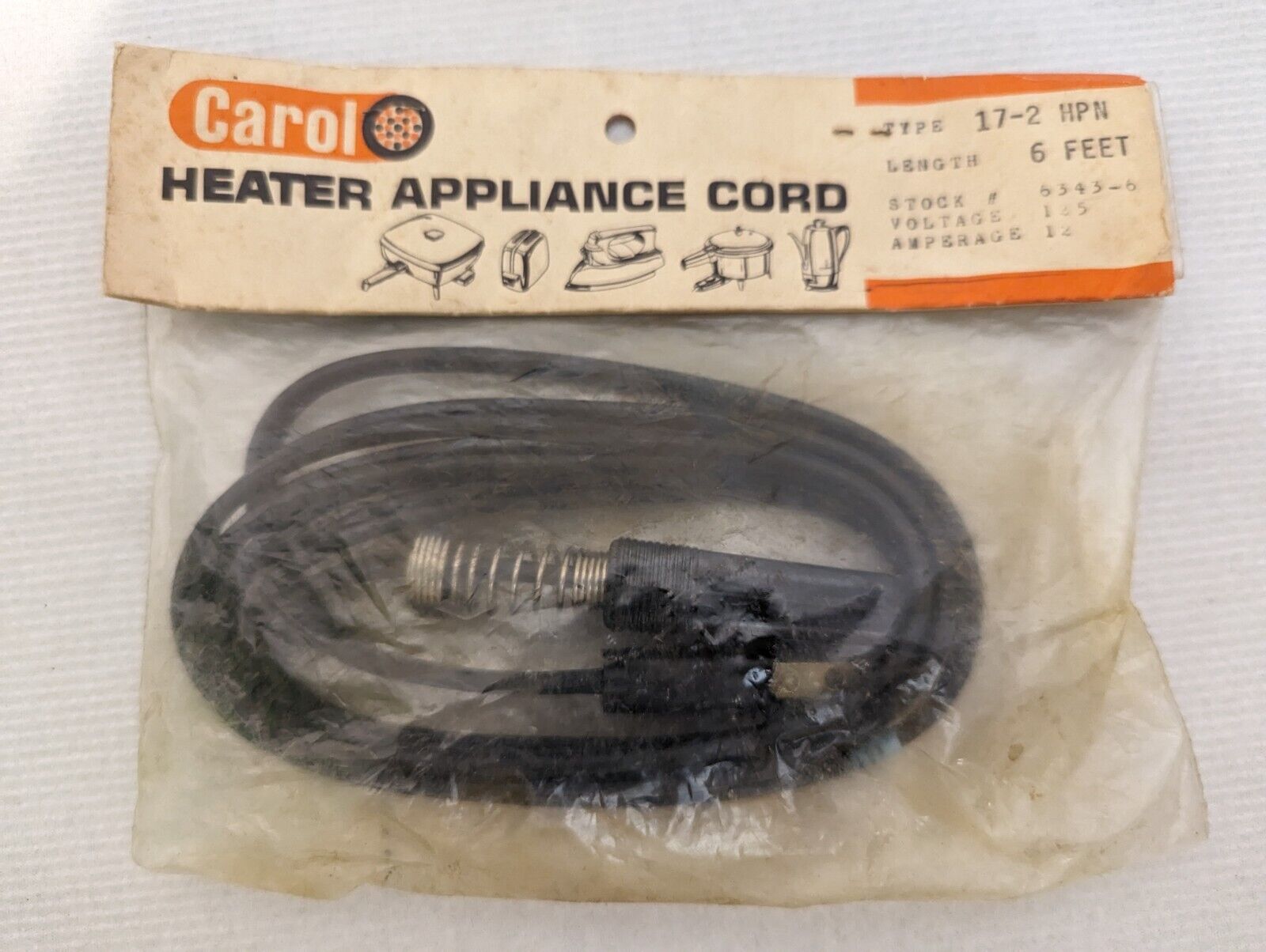 Carol Heater Appliance Cord Type 17-2 120 volts 12 amps NOS VTG Sealed