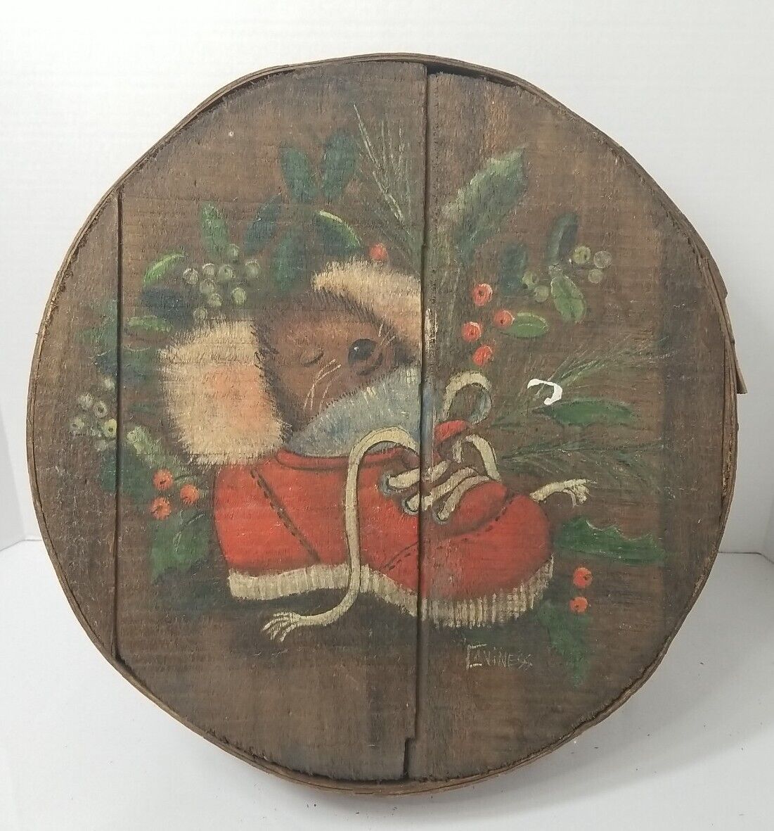 Vintage Round Wooden Pantry Storage Cheese Box W/ Hand Painted Christmas Mouse