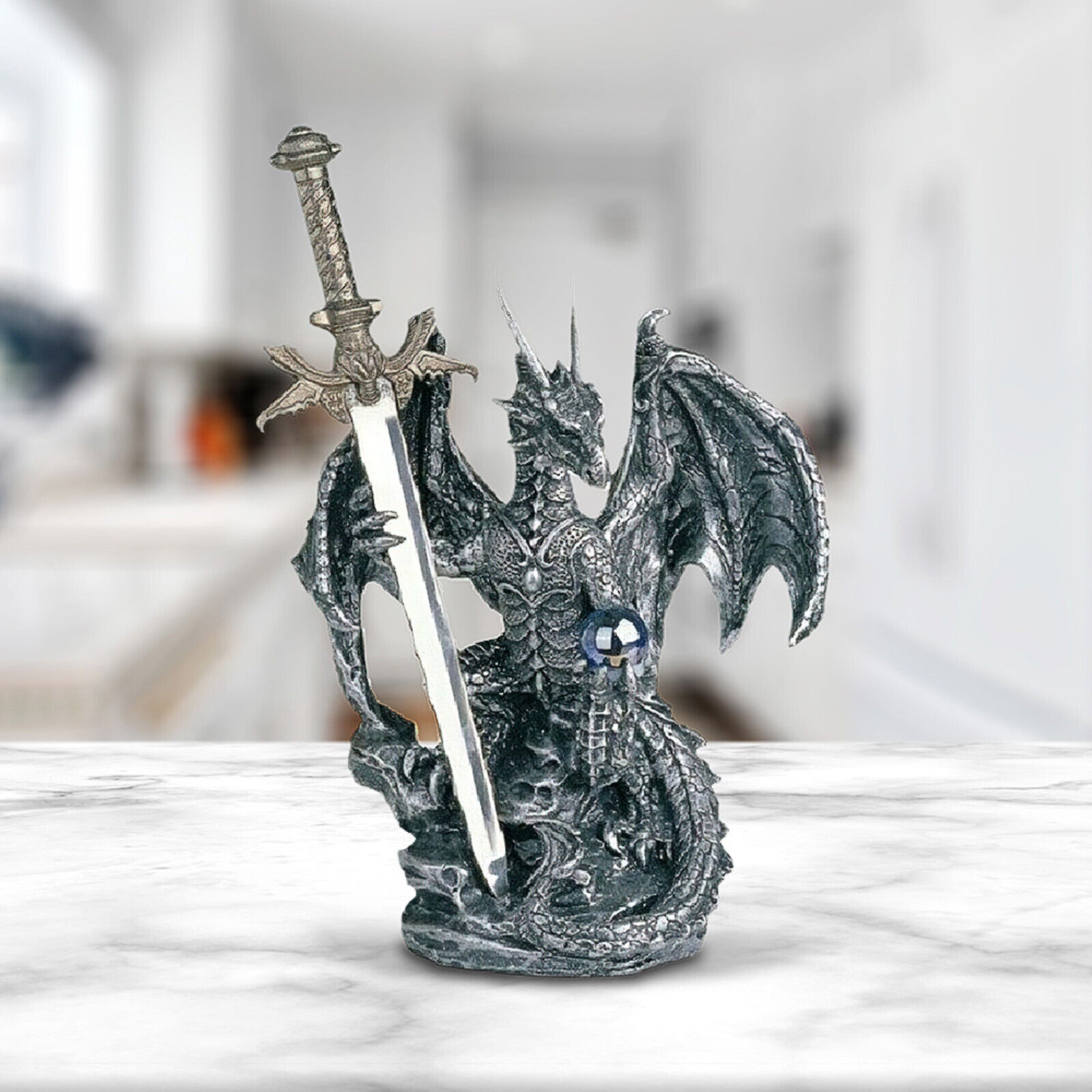 Medieval Silver Dragon Holding Gemstone and Sword Statue 5\