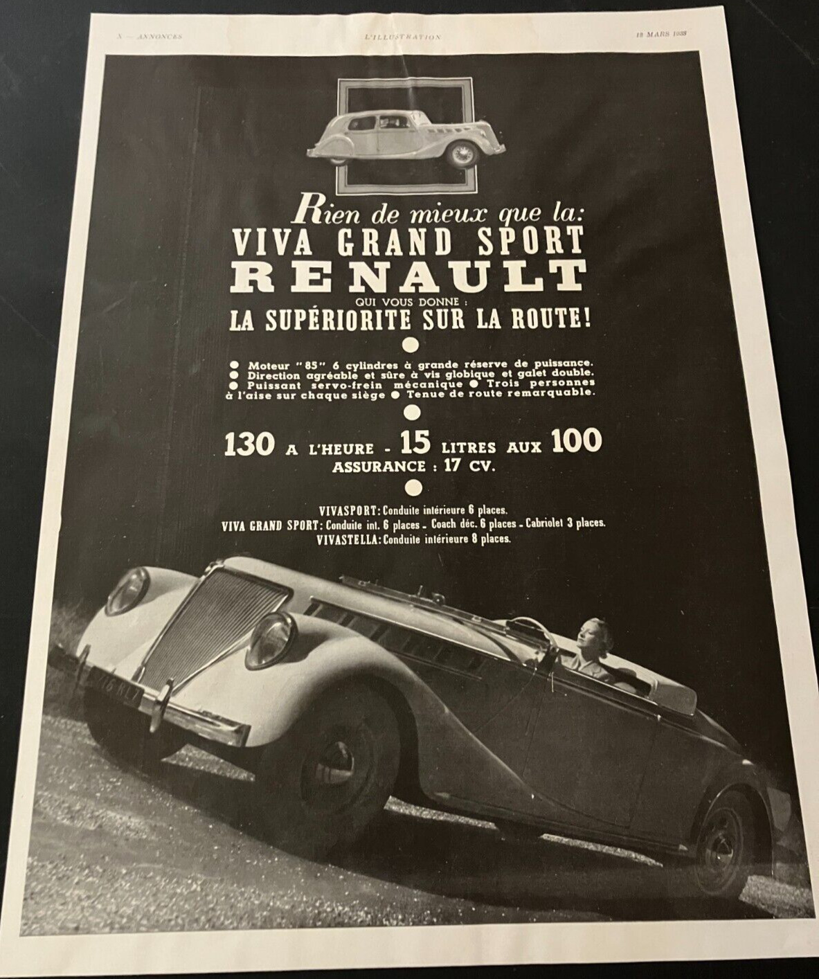 French 1938 Renault Viva Grand Sport - Vintage Original Print Ad / Wall Art