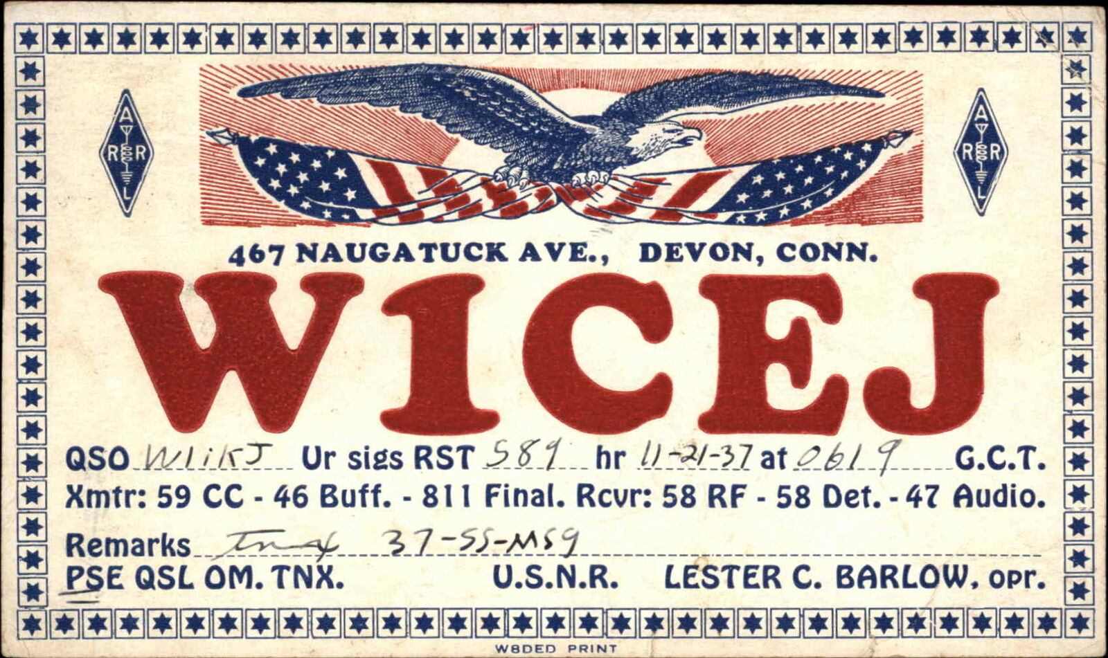 Devon Milford CT Patriotic Radio Postcard W1CEJ 1937 Used Postcard