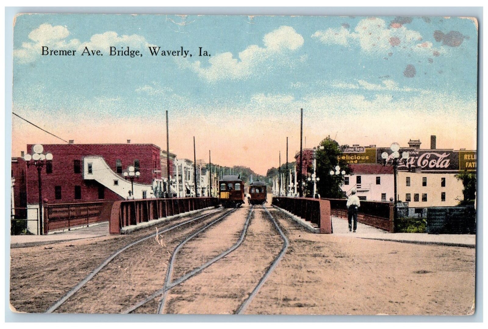 c1910's Bremer Avenue Bridge Locomotive Railroad Waverly Iowa Antique Postcard