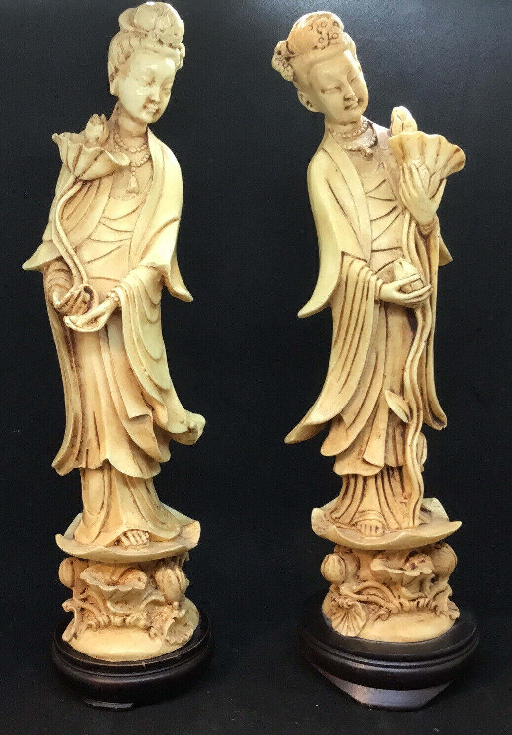 2 Antique Wony 1940\'s Asian Inspired Figurines Lotus Blossoms Made In Italy