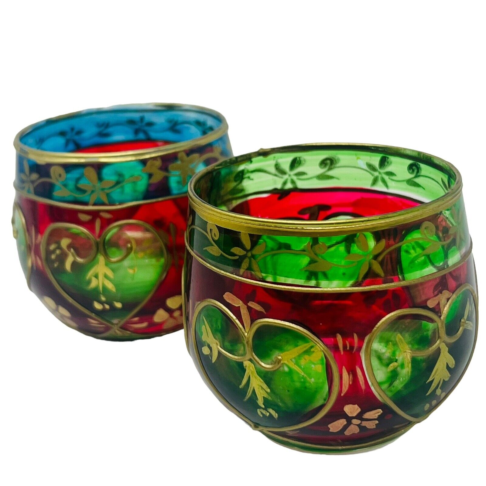 Set 2 Vintage Hand Painted Stained Glass Tea Lights Votives Colorful Whimsical