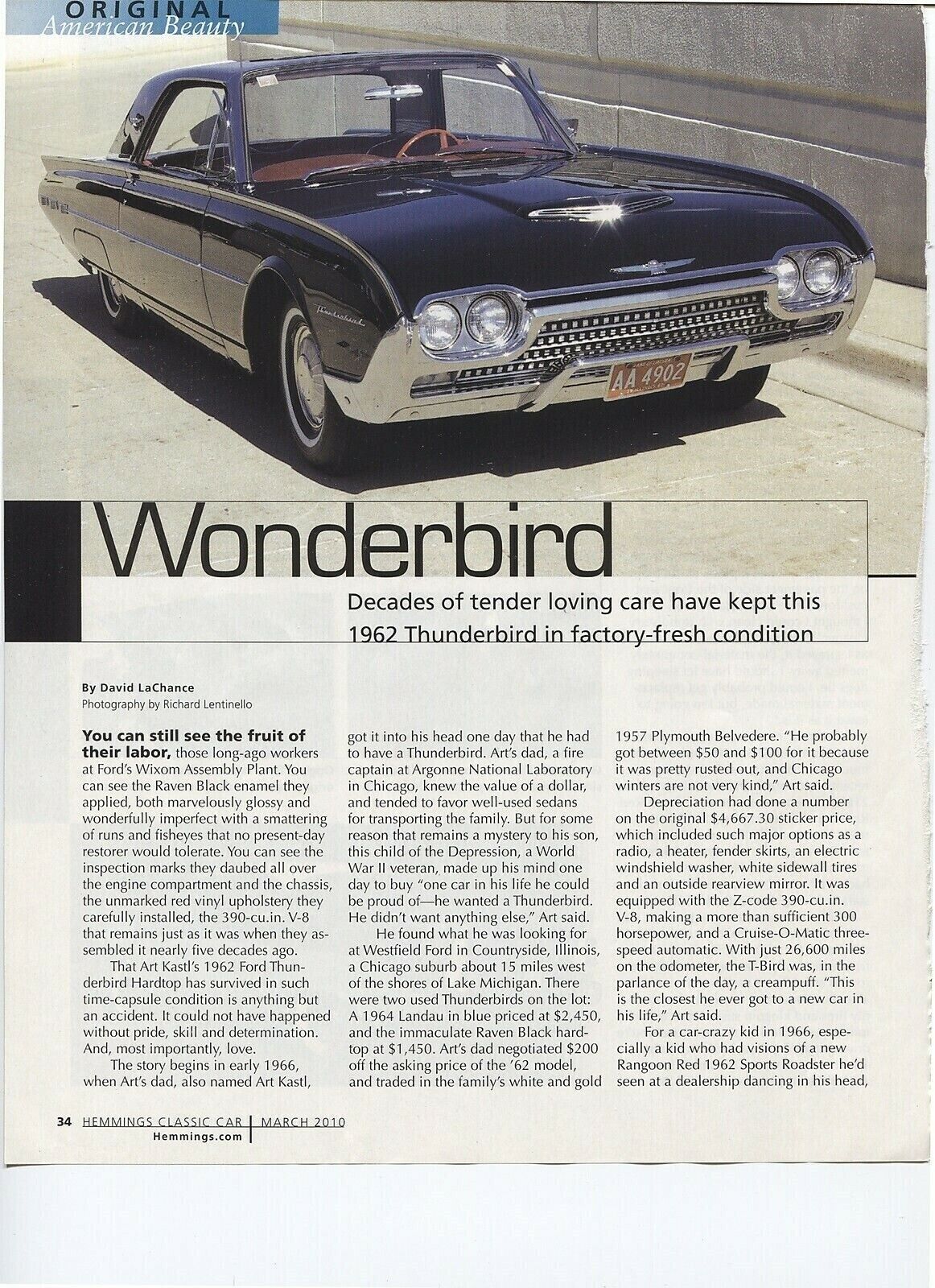 1962 FORD THUNDERBIRD 4 PG COLOR ARTICLE