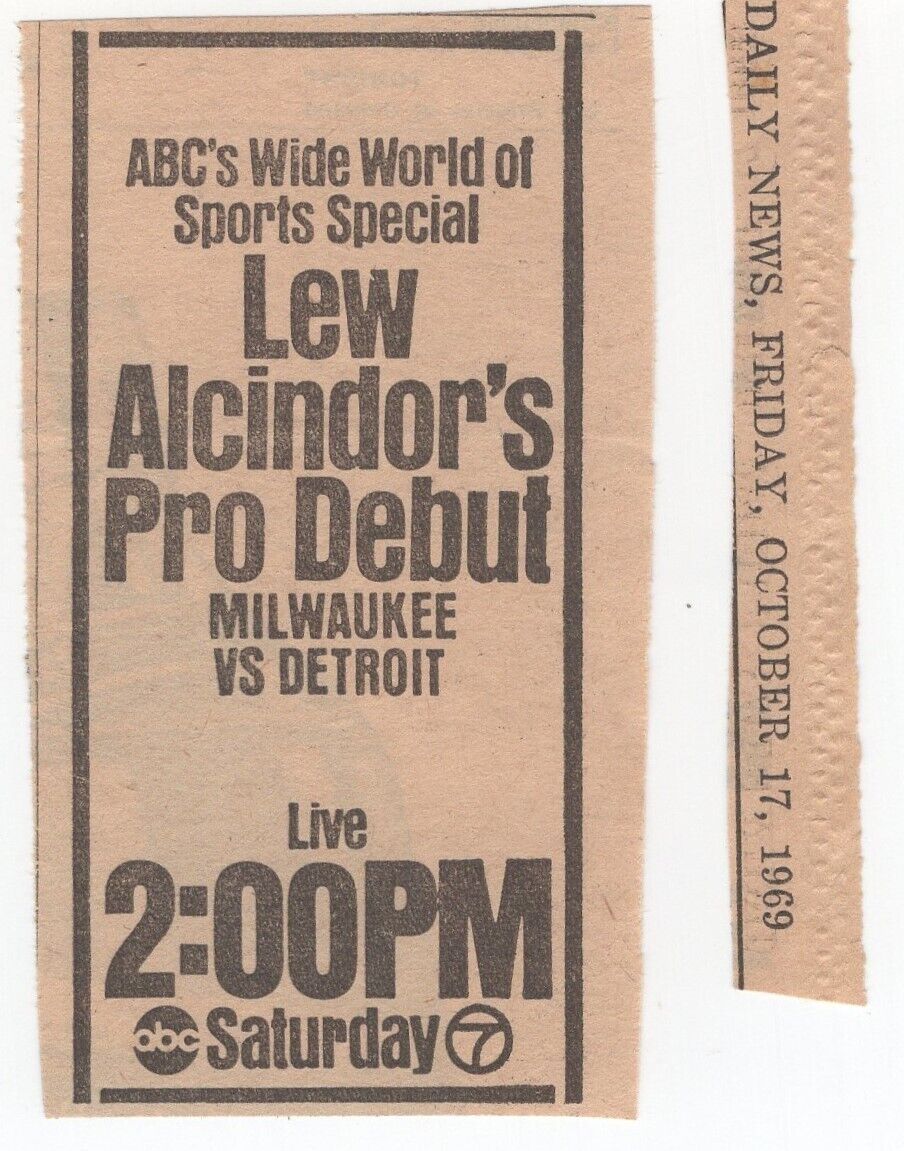 1969 Newspaper notice of Lew Alcindor\'s Pro Debut