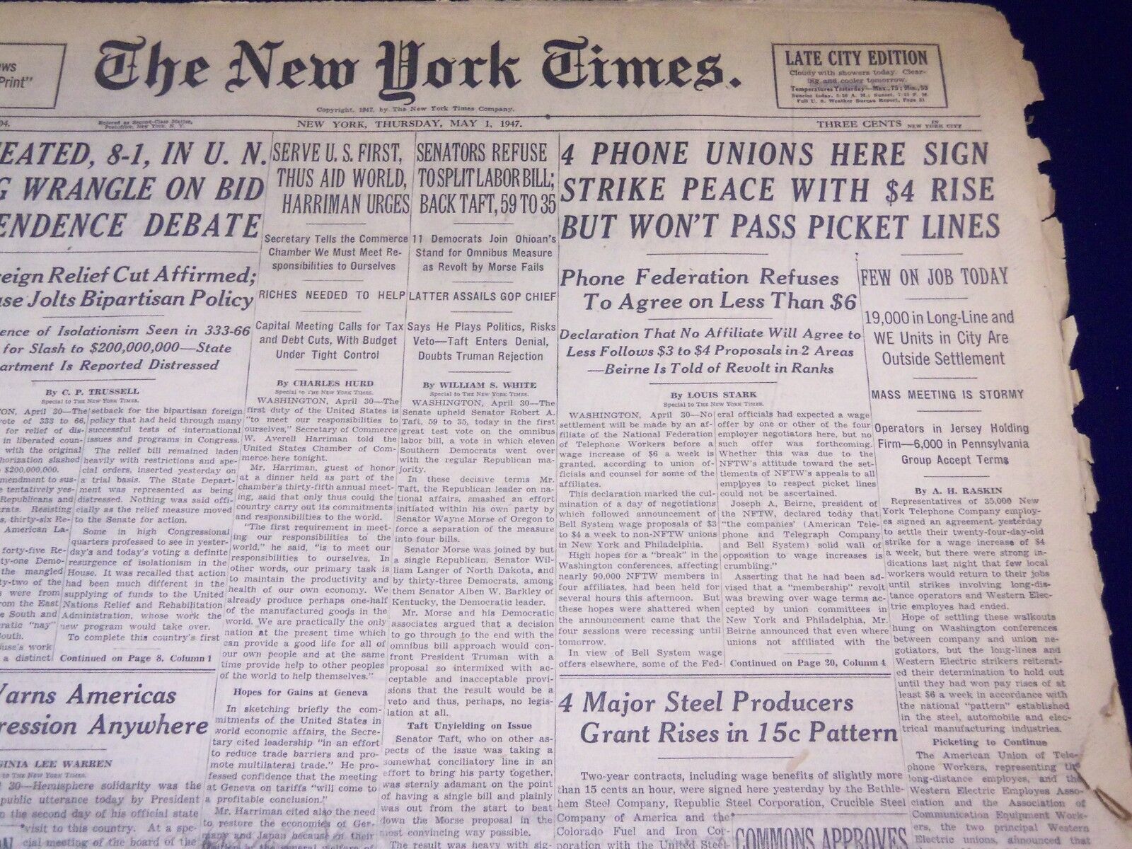 1947 MAY 1 NEW YORK TIMES - PHONE UNIONS SIGN STRIKE PEACE - NT 2749