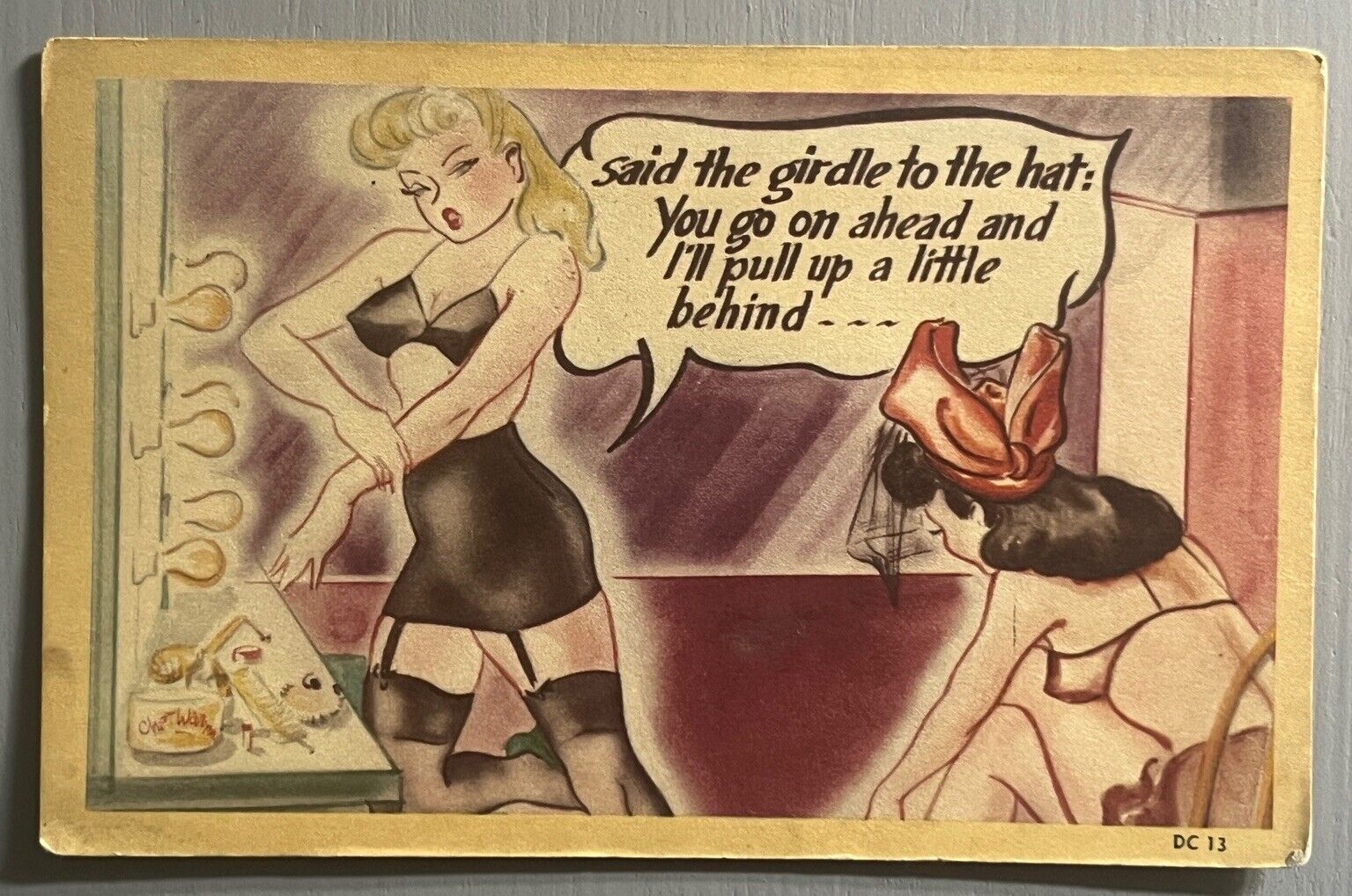 Comic Postcard Risque Pinup Girls Lingerie Artist Signed Chet Warner 1940s VJ