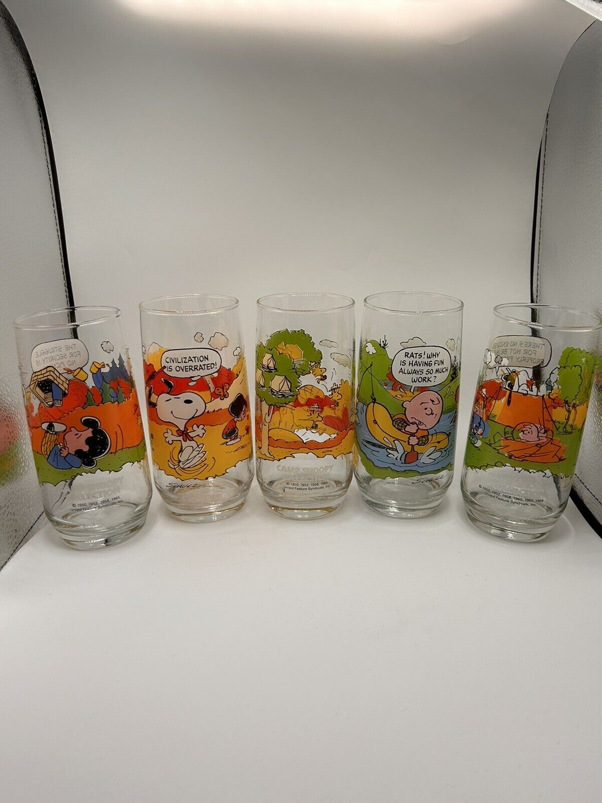 Vintage MCDONALDS Peanuts CAMP SNOOPY Complete Set Of 5 Glasses