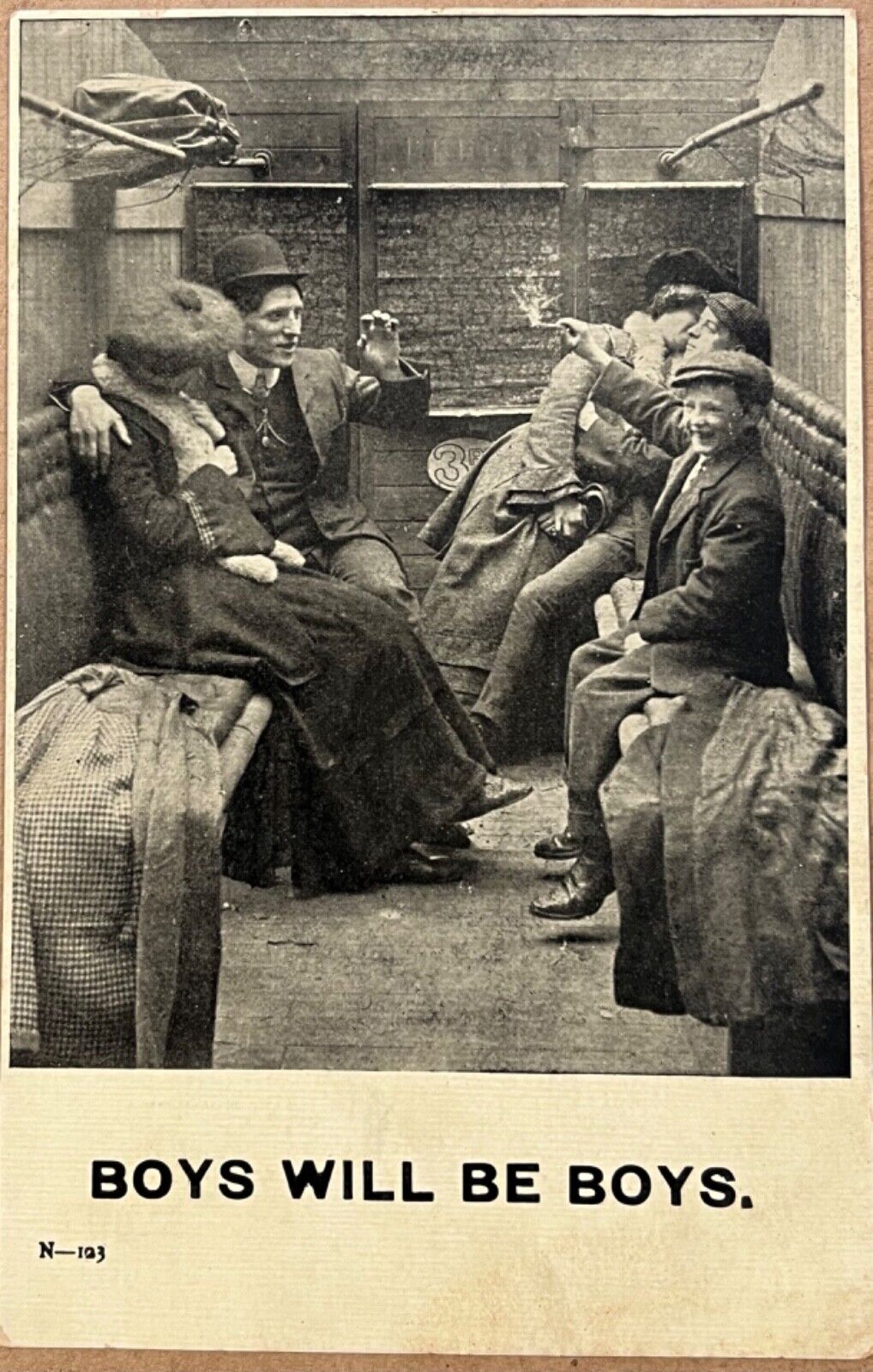 Boy Child Smoking Cigar Romantic Couples in Train Car VTG Photo Postcard 1905