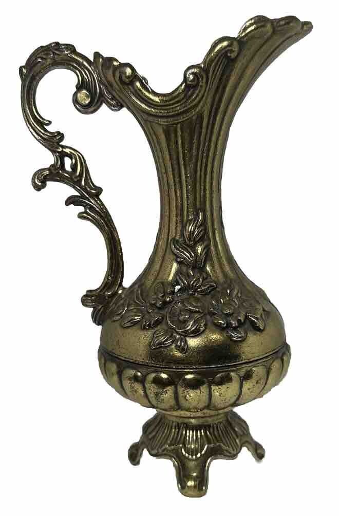 Vintage Italian Floral Embossed Brass Pitcher & Vase Footed Made in Italy
