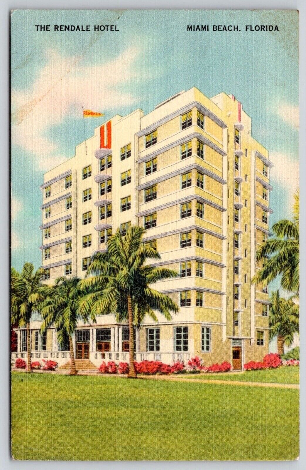 Miami Beach Florida Rendale Hotel Streetview Linen Cancel WOB Postcard