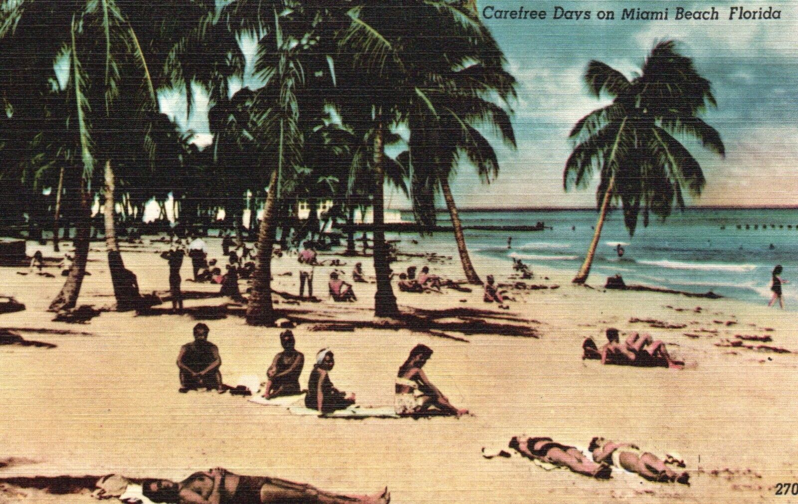 Postcard FL Miami Beach Carefree Days Sunbathers Palms Linen Vintage PC G9494