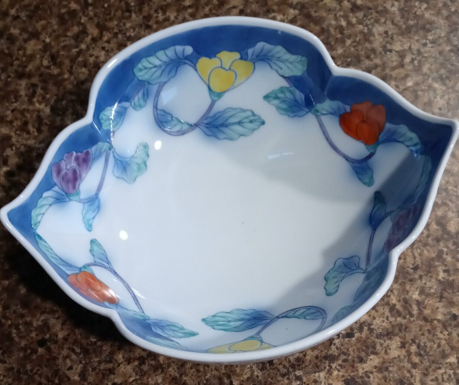 Antique Porcelain Hand Painted Japanese 1-inch Server Bowl w/Raised Florals Blue