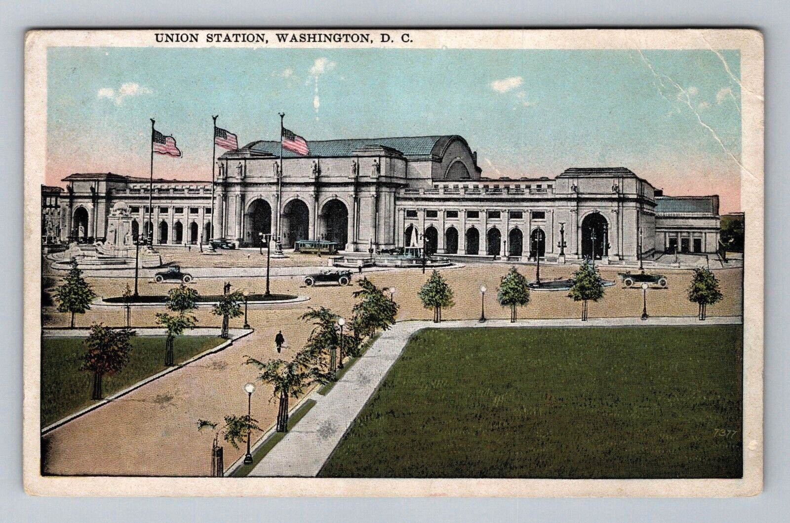 Postcard 1900s Train Union Station Old Cars Flags Aerial View Washington DC