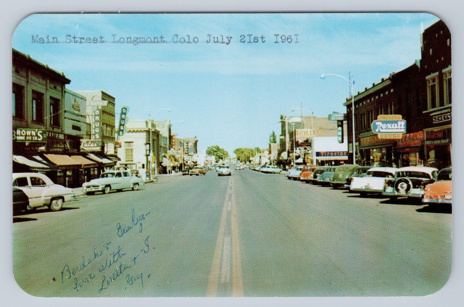Postcard Main Street and Business District Longmont Colorado 1961