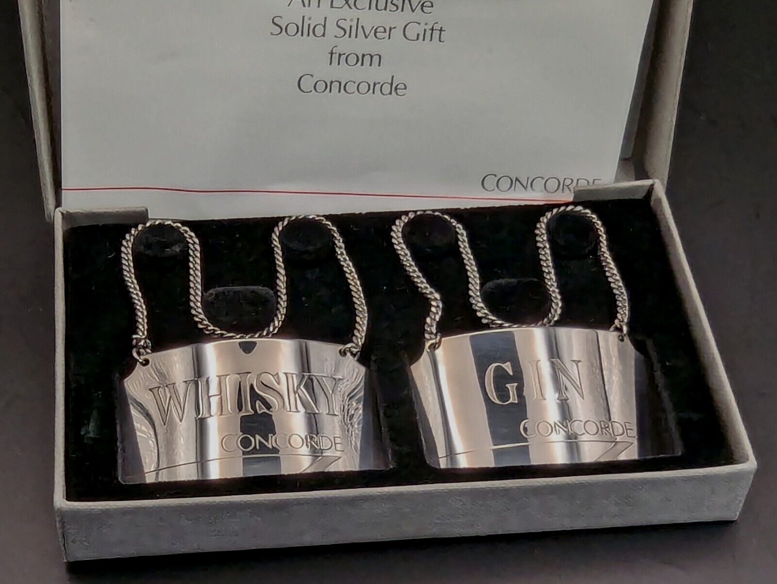 BA British Airways Concorde Whisky & Gin Sterling Silver Decanter Labels Boxed