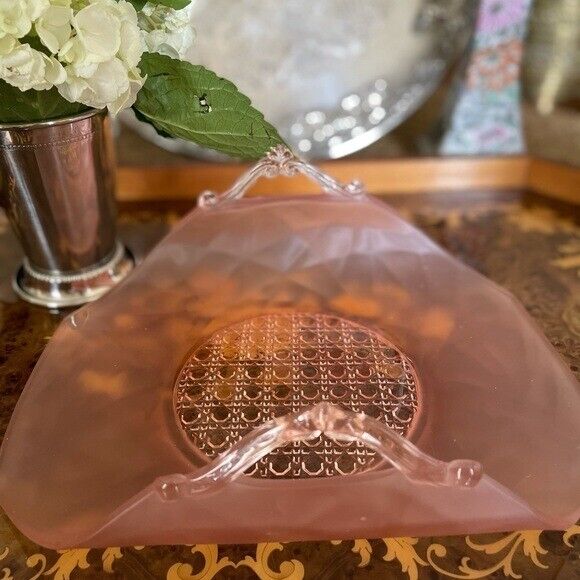 Vintage Lancaster Cane Bottom Satin Frosted Pink Depression Glass Console Tray